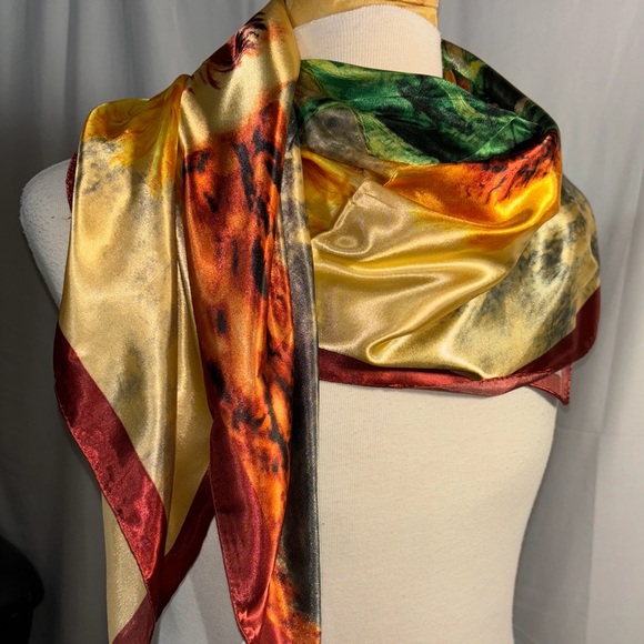 VINTAGE 'MOSI' SQUARE SUNFLOWER SCARF 35" SQ Van Gogh Inspired Yellow Green - Picture 6 of 6